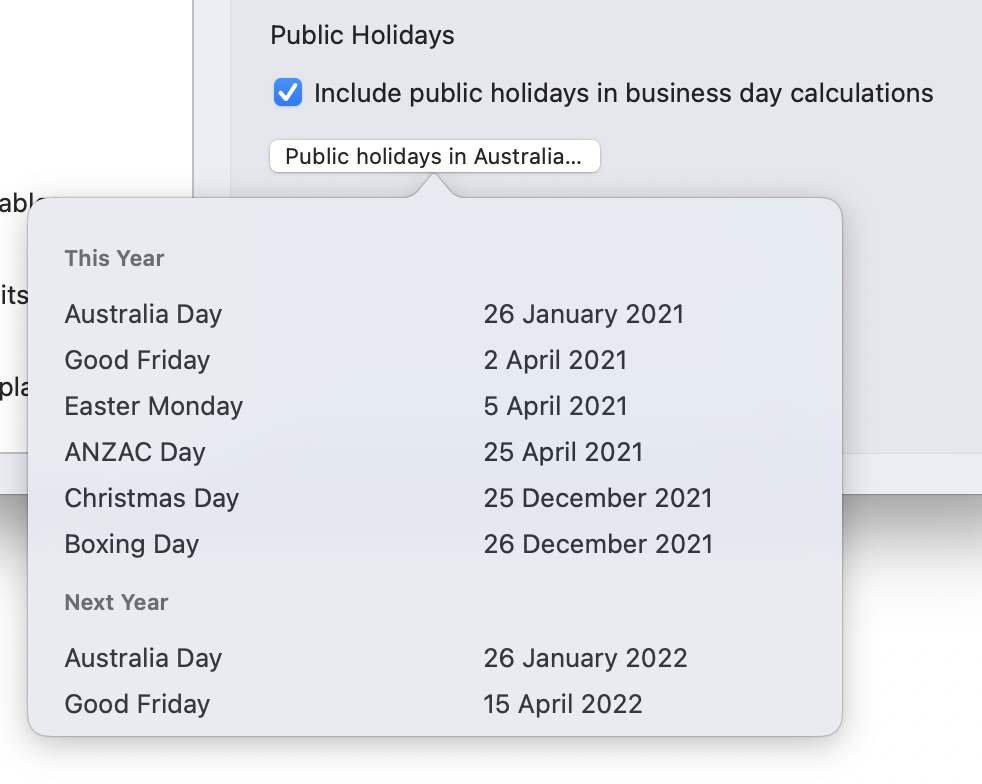 Jours fériés pour un utilisateur de Soulver en Australie